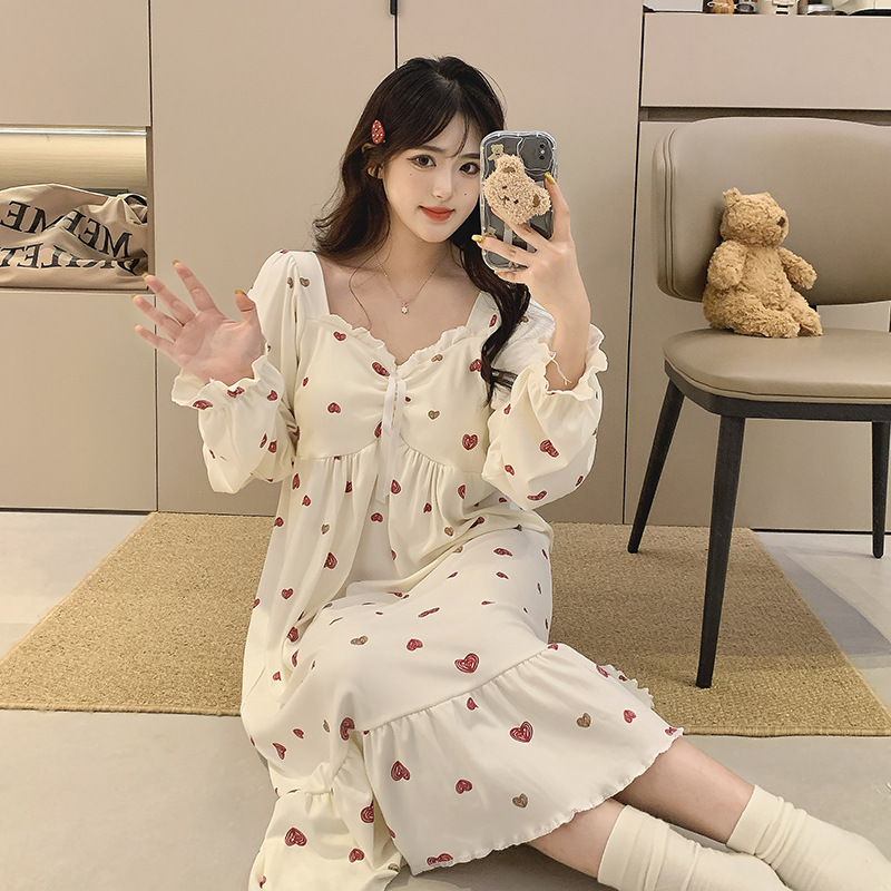 Fábrica directa con cojín de pecho desmontable de ternilla pijama de manga larga primavera y otoño estilo coreano chaqueta dulce ropa larga para el hogar