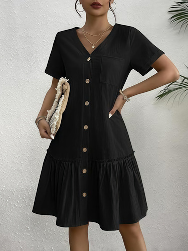 2025 Summer Foreign Trade Single-breasted Women’s Dress, Loose-Fitting Dress with Pockets, Ruffled Hem, Casual Short Sleeves