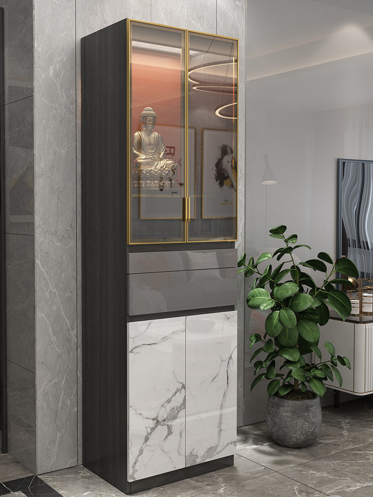 Modern Household Altar Cabinet with Glass Solid Wood Table Guanyin Light Luxury Shrine Table with Door Altar