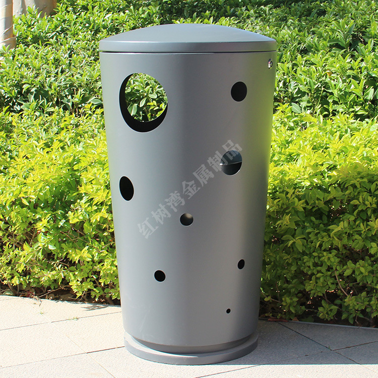 户外景区不锈钢垃圾桶 镂空喷塑金属果皮箱 小区圆柱形纸屑回收篓