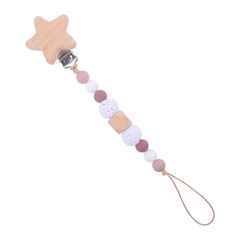Nuevo bebé suministros estrella haya chupete clip bebé creativo madera octogonal mordedura silicona molar anti-gota cadena
