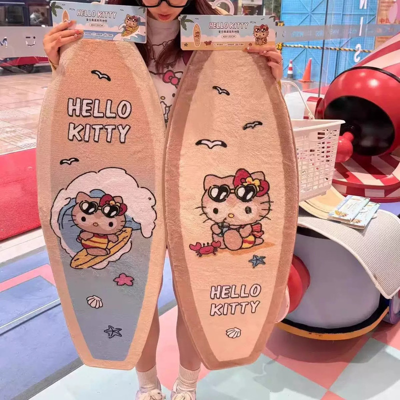 hellokitty地毯新款冲浪黑皮kt猫床边毯脚垫女生挂毯长条毛绒地毯|undefined