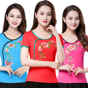 Ballroom latin dance tops for women modal Chinese folk embroidery short sleeve dance shirt for female ballroom dance clothing uniforms for female