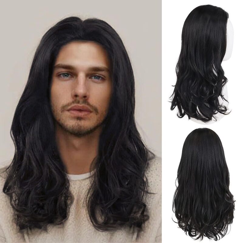 Cross-Border European and American Men's Medium-Length Curly Hair, Middle-Parted Wavy Hair, 70S 80S Halloween Party Wigs Wholesale
