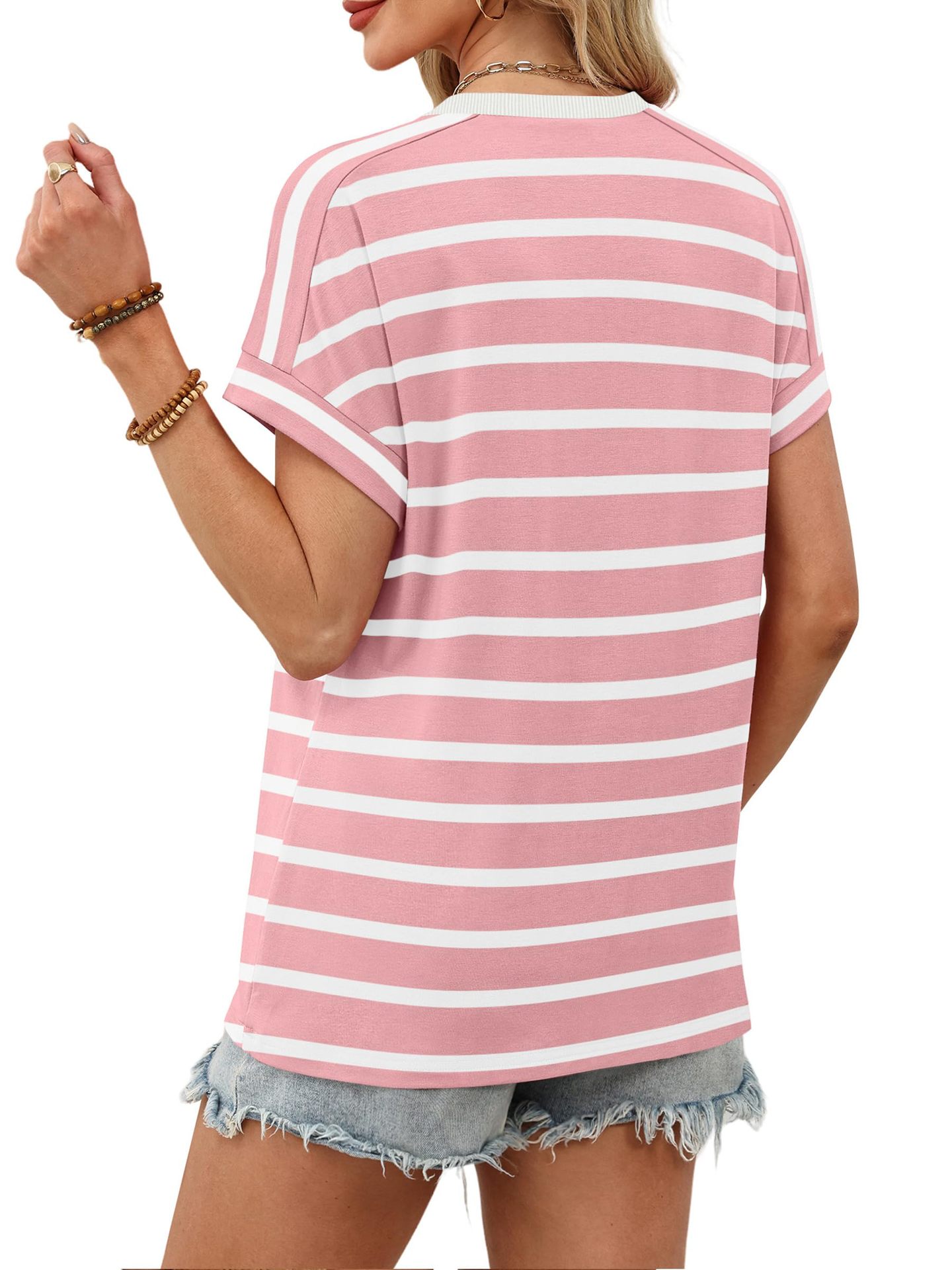 Summer New Women's Round Neck Casual Striped T-Shirt Short Sleeve Top American Style_ecoleips.com