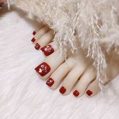 Y49-紅色貝殼網紅時尚腳指甲貼片美甲成品顯白夏季日常穿戴可拆卸