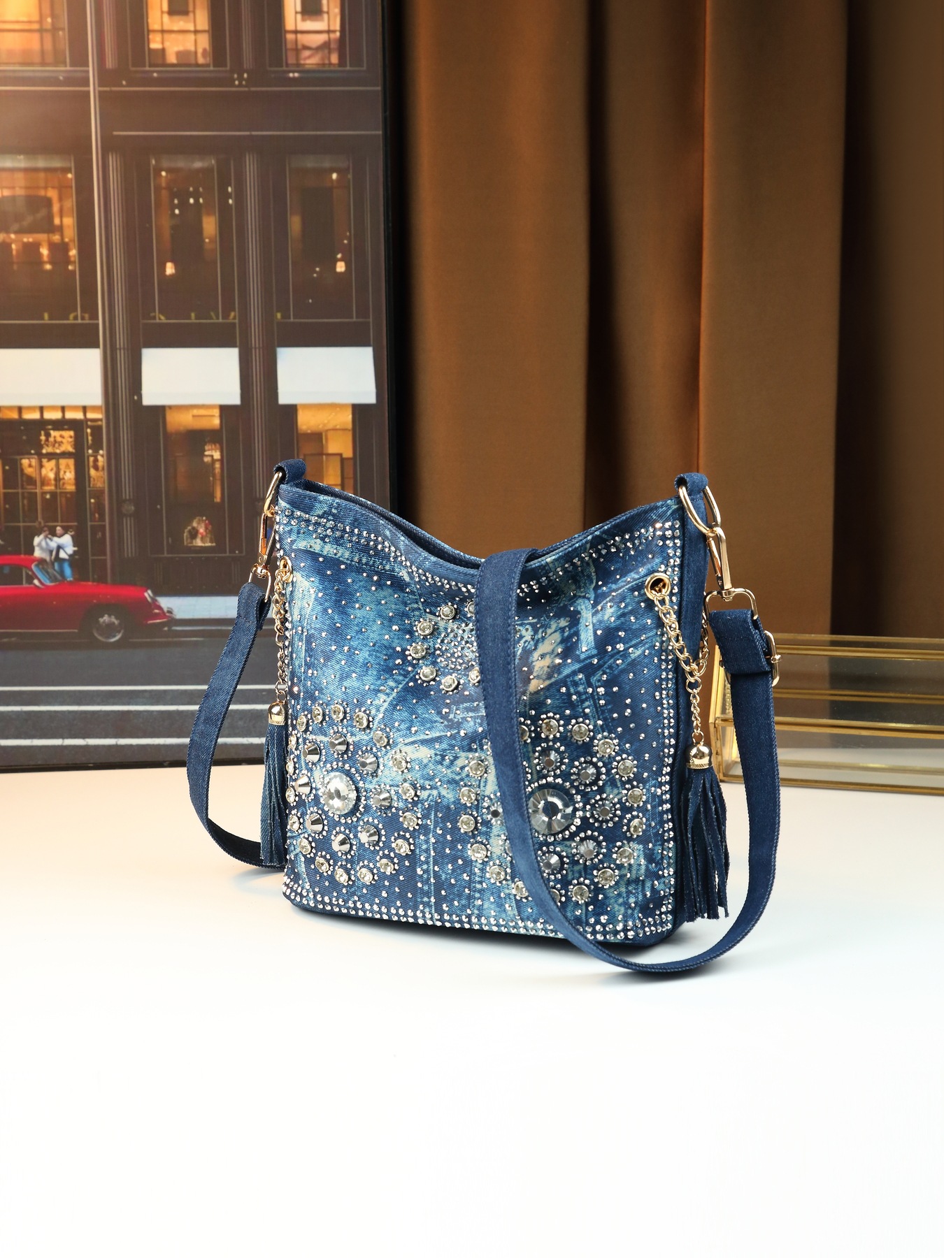 Borsa a spalla da donna in jeans con strass borsa a tracolla_voghion.com