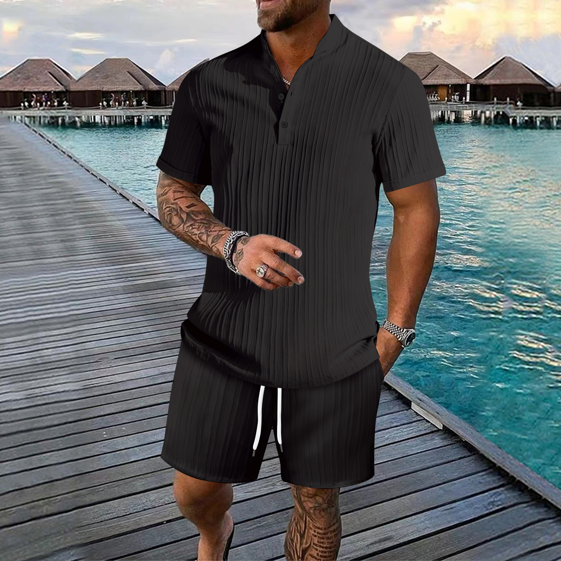 Herren Sommer Set Mit Wellenmuster Hemd Und Shorts Für Männer_voghion.com