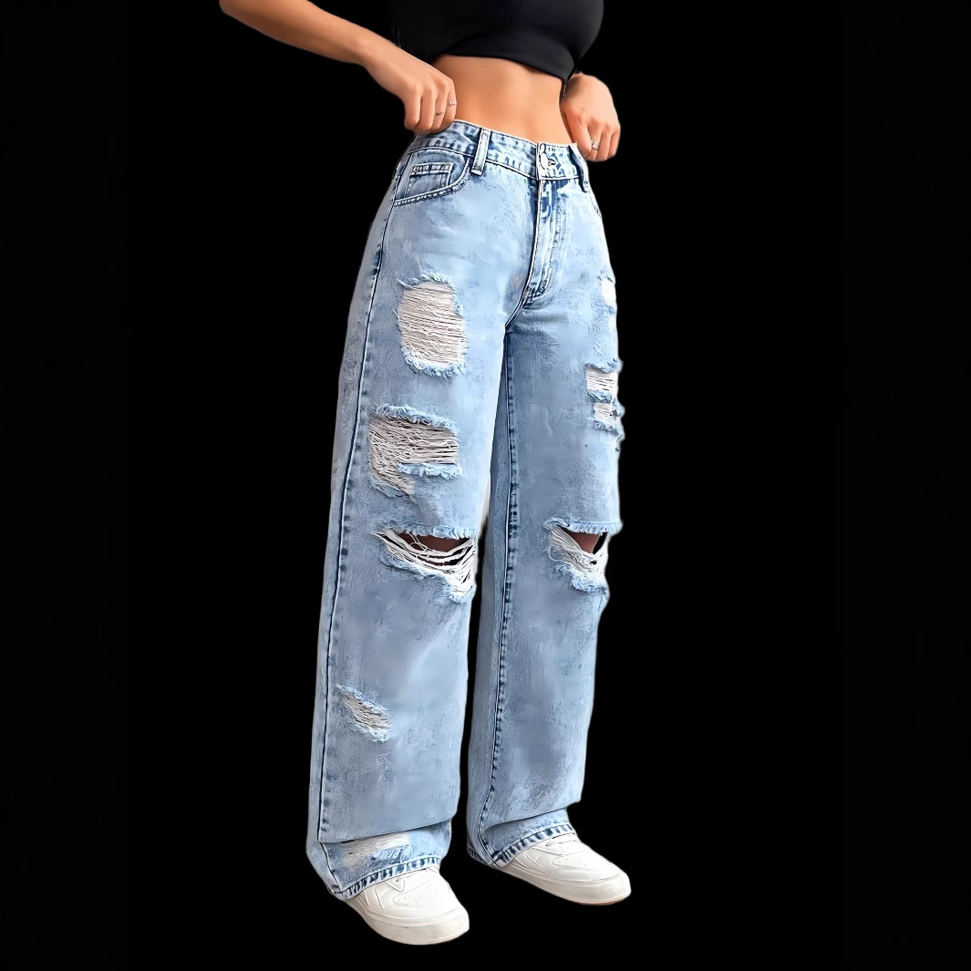 Women's Relaxed Fit Straight Leg Jeans - Vintage Washed Denim, Wide Leg Comfort, Street Style Casual Pants For Everyday Wear_ecoleips.com