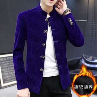 New Vertical Collar Fleece Tunic Men's Twill Gold Velvet Top Chinese Style Men's Republic of China Decoration Coat