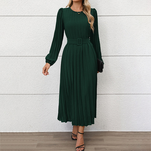 Independent Station Europe 2025 New Autumn Cross-border Party Professional Elegant Retro Long-Sleeve Solid Color Pleated Dress