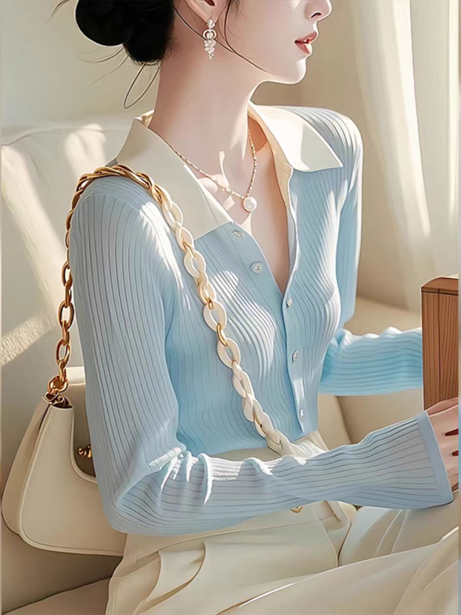 Áo len cardigan nữ tay dài phong cách Hàn Quốc thiết kế cổ chữ V — màu xanh nhạt