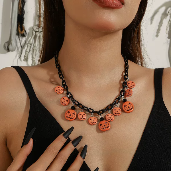 Cross-Border European and American New Style Jewelry Halloween Necklace Pumpkin Ghost Bat Pendant Rice Beads Beaded Halloween Jewelry