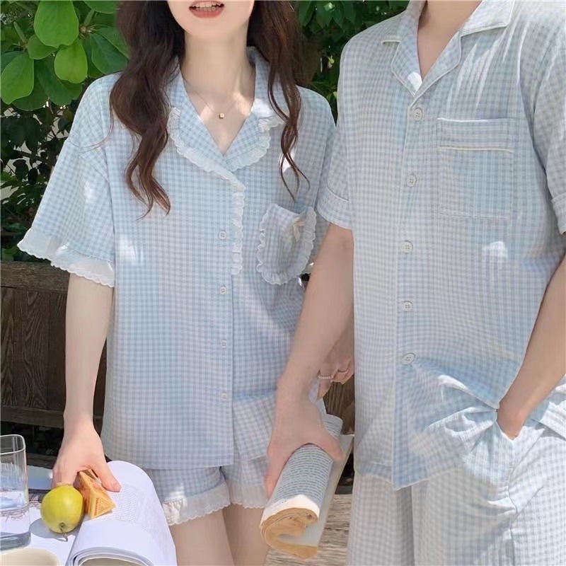 잠옷 여성 여름 새 커플의 얇은 고가 반팔 반바지 여름 간단한 학생 홈 의류 세트