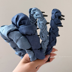 女性用デニムレトロ歯付きハイヘッドヘッドバンド、髪を圧迫する洗顔ヘッドバンド、滑り止めヘアオーガナイザー、女性用ヘアアクセサリー