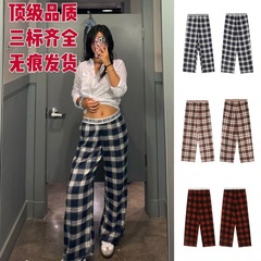 Hollister小海鸥红黑格子抽绳休闲裤字母织带宽松休闲长裤睡裤女