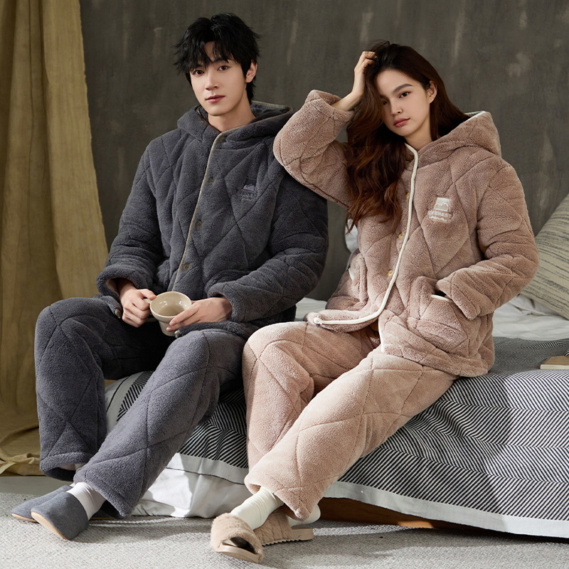 Pajamas de pareja de algodón para hombres y mujeres 2024 invierno más veludo engrosado cardigan con capuz de manga larga ropa de hogar conjunto de calor