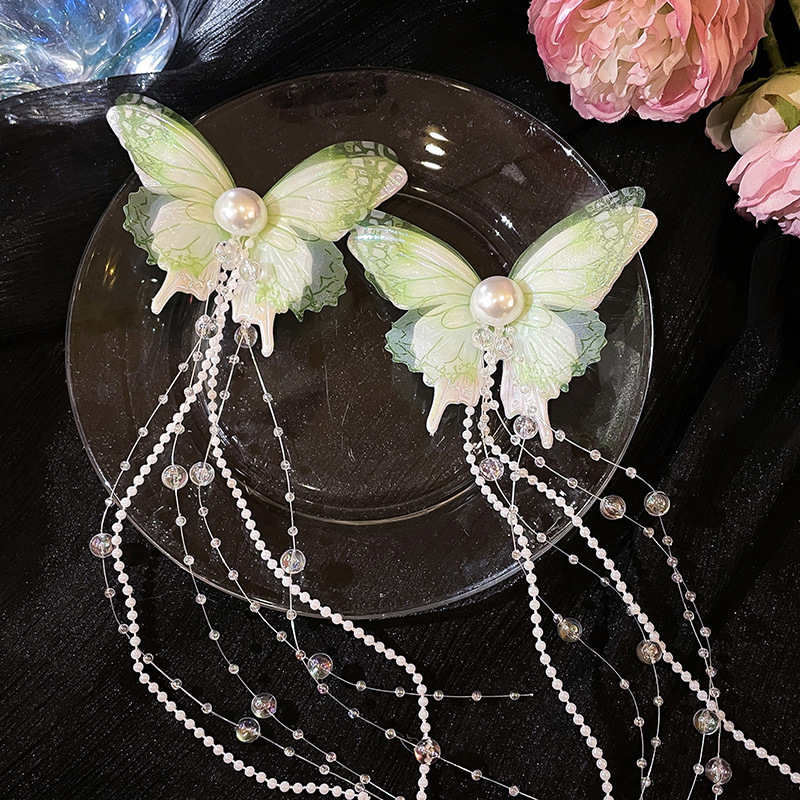 Hilo de red de súper hadas, pinza para el cabello con borla de perlas de mariposa, clip de pico de pato salvaje de moda, ambiente de bosque, temperamento, accesorios para el cabello al por mayor