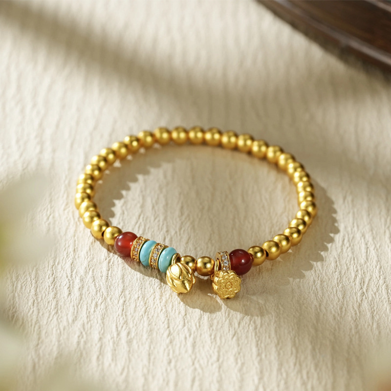 Luxury Lotus Seed Pod Ancient Sand Gold Beaded Bracelet for Women, New Chinese Style Beaded Jewelry