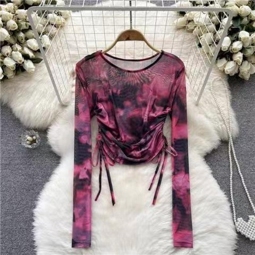 Water-based Ink Print Tie-Dye Women's Summer New Round Neck Adjustable Rope Tied Pleated Fitted Long Sleeve Top