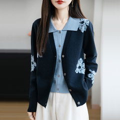 【厂家直供】翻领假两件毛衣针织开衫外套女秋季新款提花减龄外搭