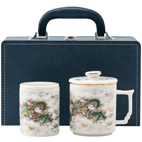 Ceramic office water cup set with lid, filtered tea, separated tea can, company business companion gift, printed logo