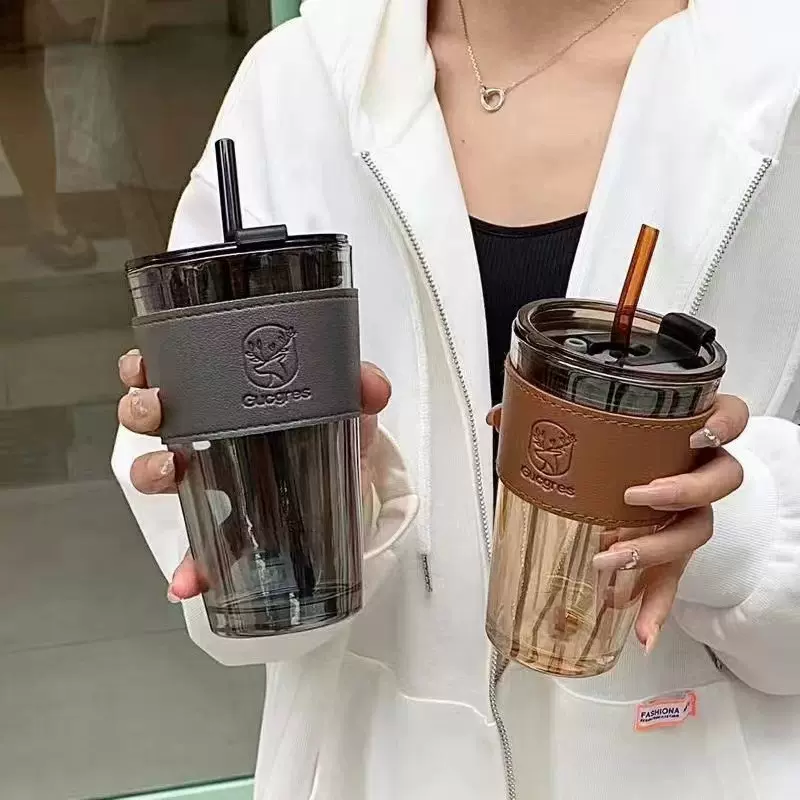 网红吸管杯简约玻璃杯ins风水杯办公室隔热防烫吸管杯活动礼品杯
