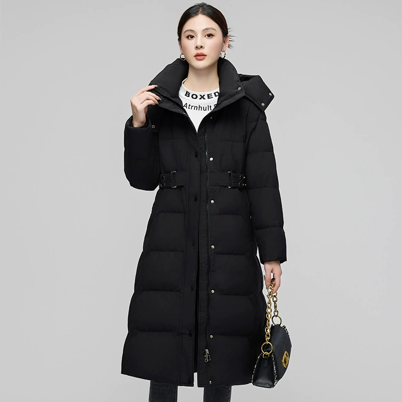 2025 новая белая пуховая куртка для женщин, длинное пальто до колен с капюшоном, утепленная свободная верхняя одежда для женщин на осень и зиму