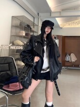 复古咖色美拉德麂皮机车服外套女宽松2025秋冬新款工装皮夹克上衣
