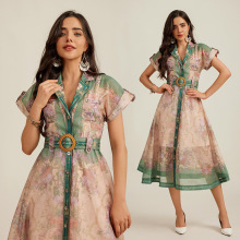 跨境澳洲小众设计海边度假风法式衬衣领印花连衣裙配腰带