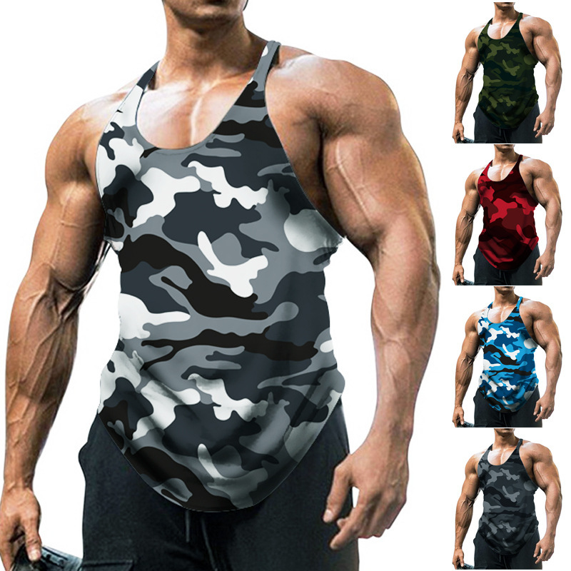 2025 Cross-Border Export European and American Men's U-Neck Sleeveless Camouflage Vest Outdoor Sports Fitness Top Men's Clothing