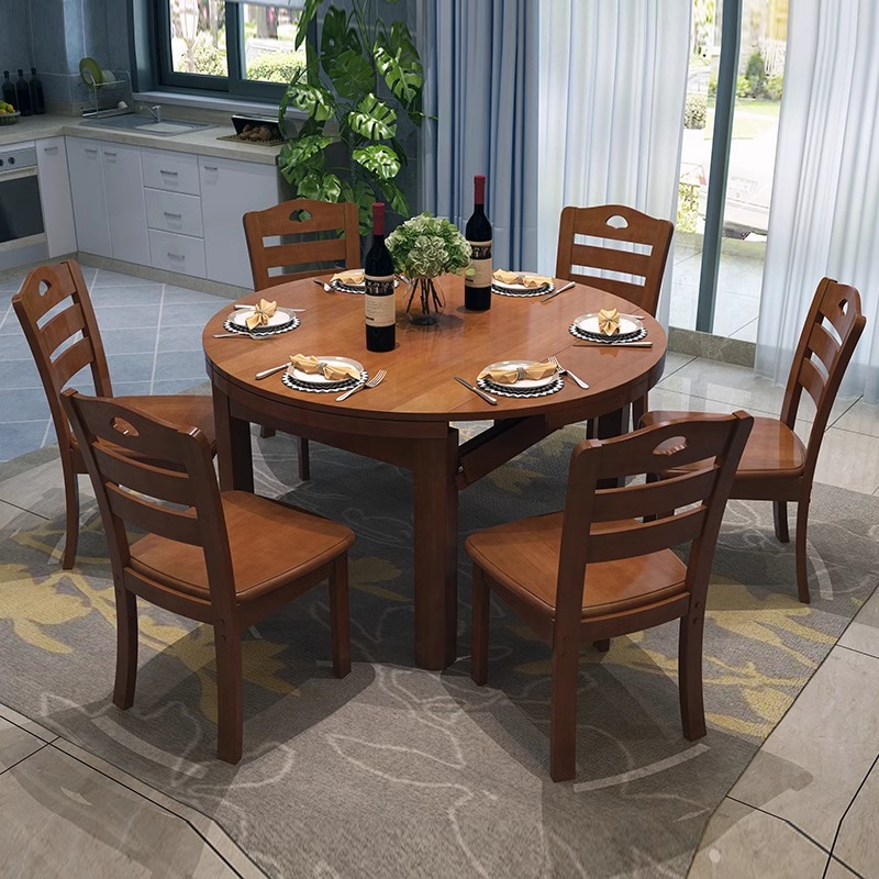 實木餐桌椅組合現代簡約方圓兩用可變圓桌伸縮摺疊家用小戶型飯桌