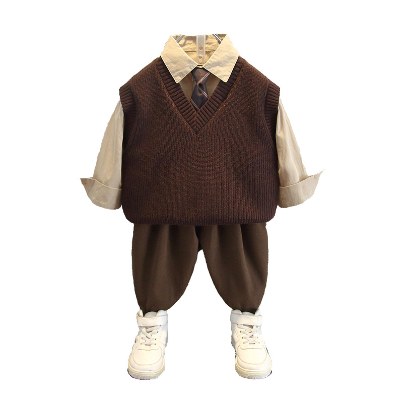 5955 Ropa para niños Traje de otoño para niños 2025 Nuevos niños Camisa de primavera y otoño Chaleco de lana Traje de tres piezas