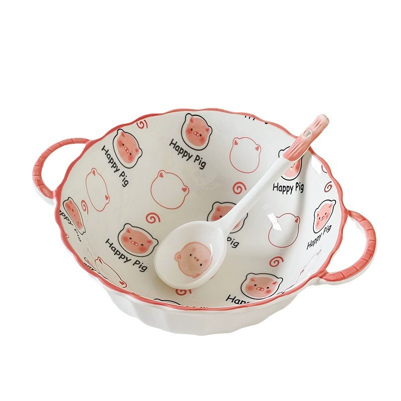 Ceramic tableware set, cute pig design, bowls and spoons, multiple set configurations
