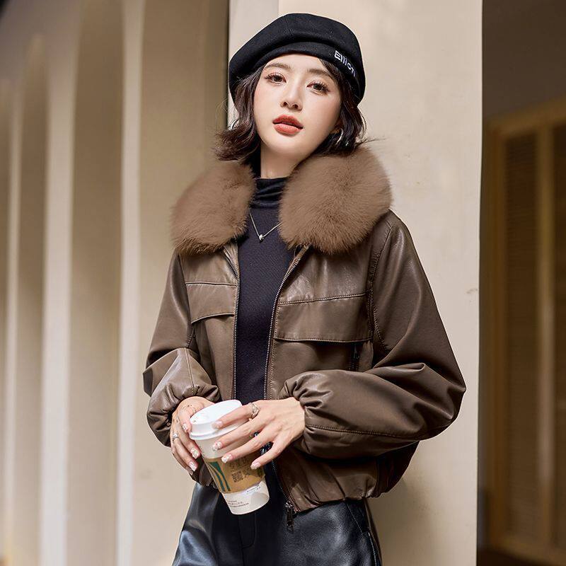 Áo khoác da PU dáng ngắn nữ lót lông cổ lông, phong cách thanh lịch — Trang chủ, đen