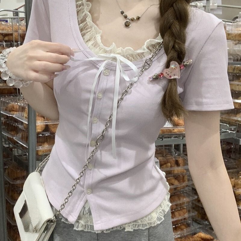 Two-Piece Short-Sleeve Lace Top for Women, Summer Style, Slim Fit, Versatile, Sleeveless, Regular Style, with Tags and Drawstring