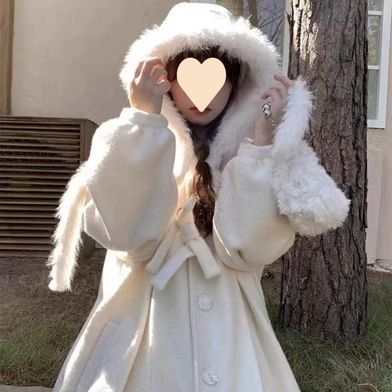 Зимний милый дизайн длинного худи, шерстяное пальто, тренд сезона, средней длины