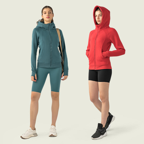 New autumn and winter hooded thick slim yoga sweatshirt warm solid color mittens long-sleeved jacket for women with pockets