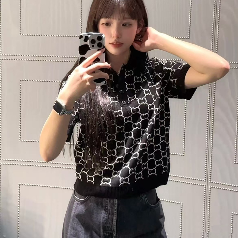 Nanyou High-Definition Knitted Short-Sleeved Women's Double g Letter Jacquard Reversible Casual Versatile Polo Shirt 25 Autumn and Winter New Style
