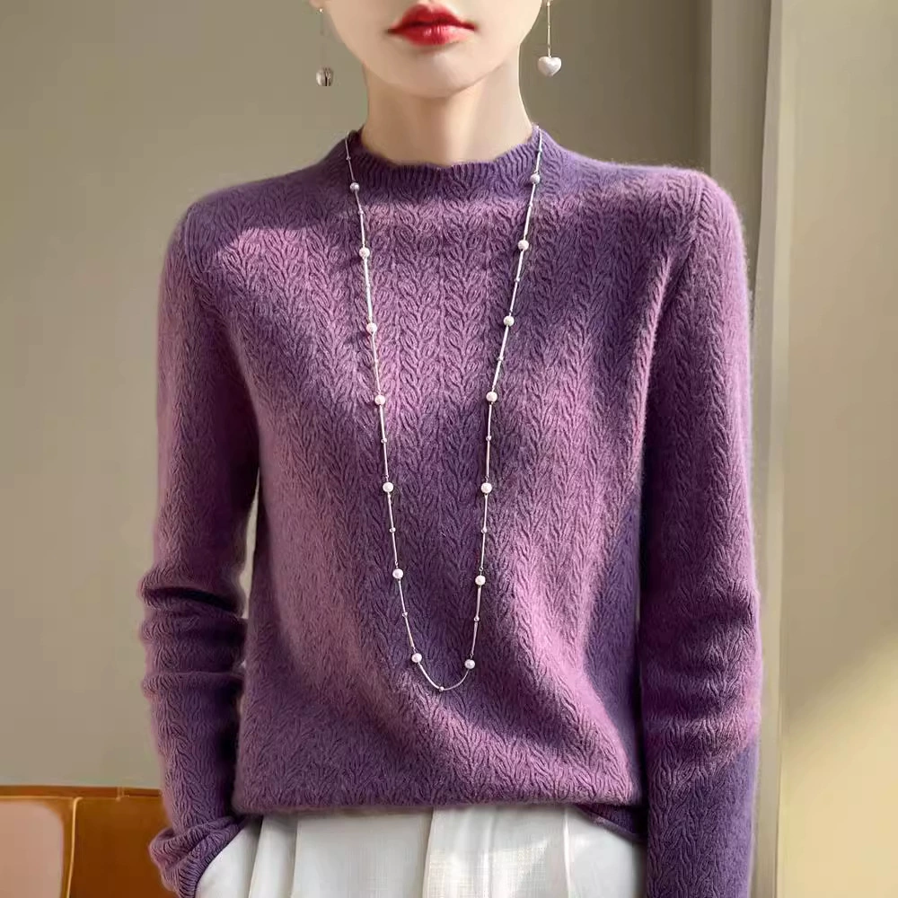 Изысканное кружево с половинным воротником женский сплошной пуловер свитер свободный пригородной мягкой клейкой с длинными рукавами сплошной топ