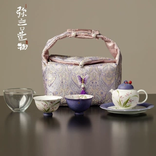 弥言布艺茶事包收纳整套茶具一壶两杯便携式户外手绘兰花旅行茶具