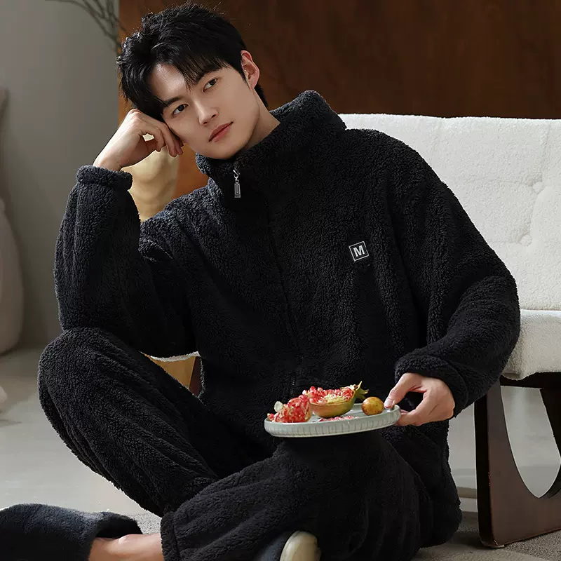 2025年秋冬季男士立领睡衣防风长袖加绒加厚保暖珊瑚绒家居服套装