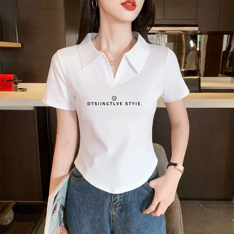 Женская футболка с короткими рукавами и европейским воротником-поло на правое плечо, новый облегающий топ в корейском стиле, короткий хлопковый топ с принтом Pure Desire