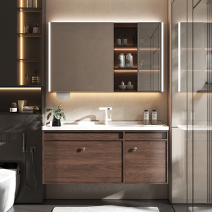 熠達浙江浴室櫃工廠直銷深胡桃木色衛生間洗手洗臉洗漱台盆櫃批發