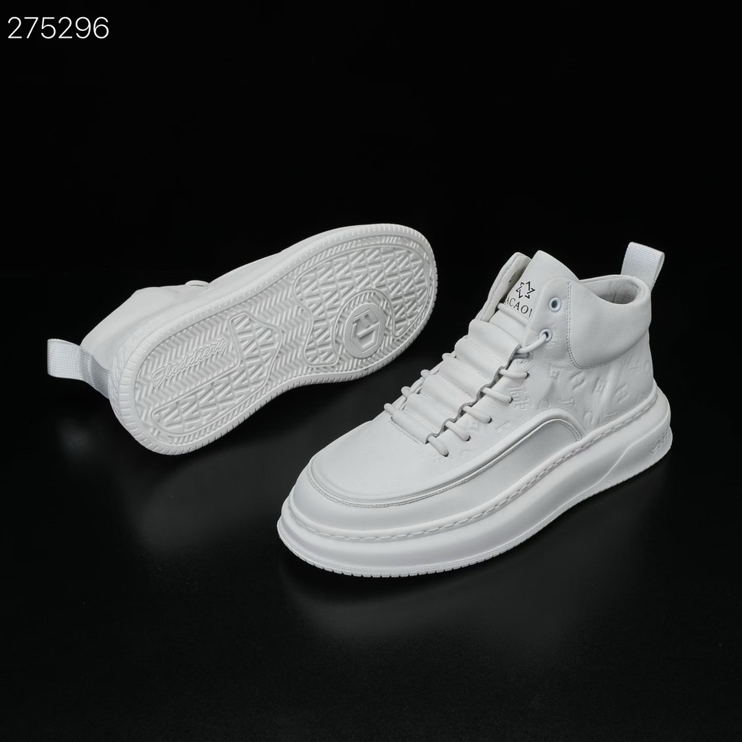 Men's Autumn Genuine Leather White Shoes, High-End Light Luxury Printed Casual Shoes, Men's Trendy Versatile Thick-Soled High-Top Sneakers