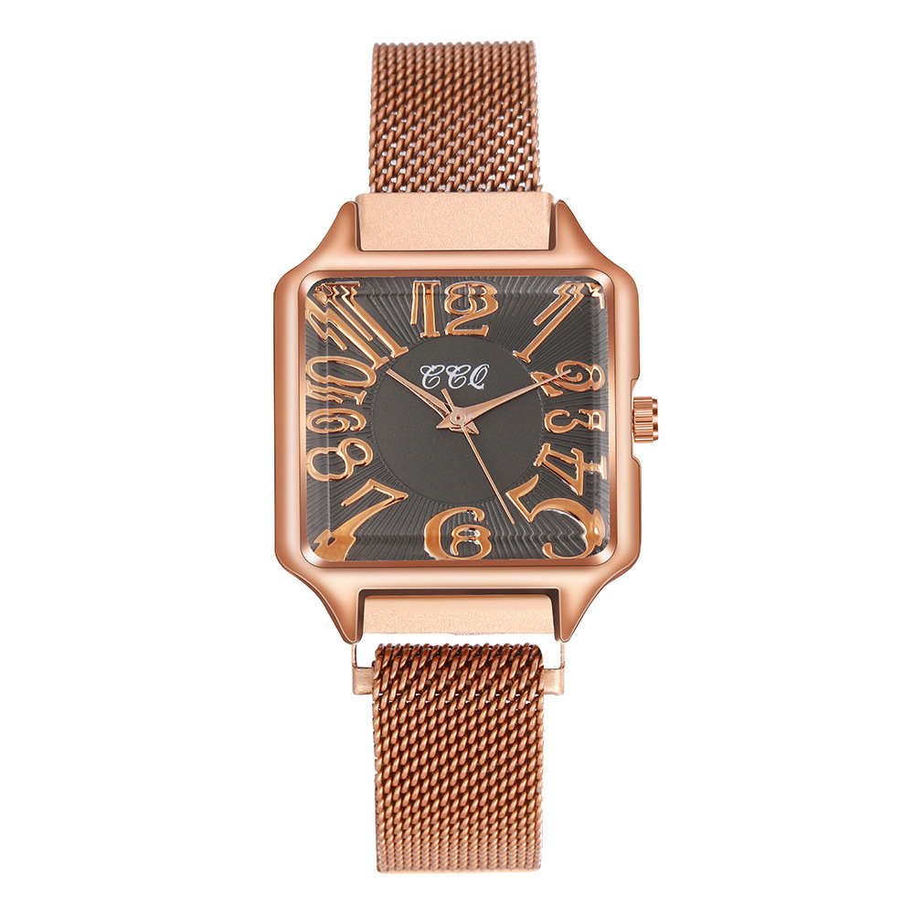 Νέο μοντέρνο γυναικείο μοντέρνο μοντέρνο μινιμαλιστικό τετράγωνο καντράν από χαλαζία με δικτυωτό λουράκι πόρπης_voghion.com