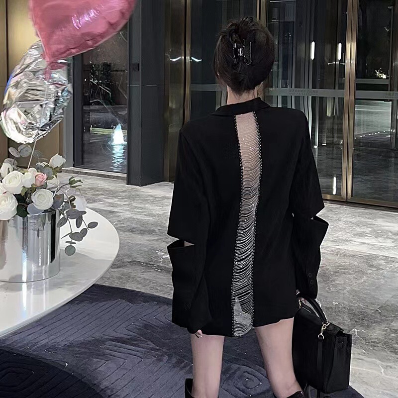 Backless Hollow-Out Chain Blazer for Women 2026 Early Autumn Textured Black Casual Loose-Fit Top 1448
