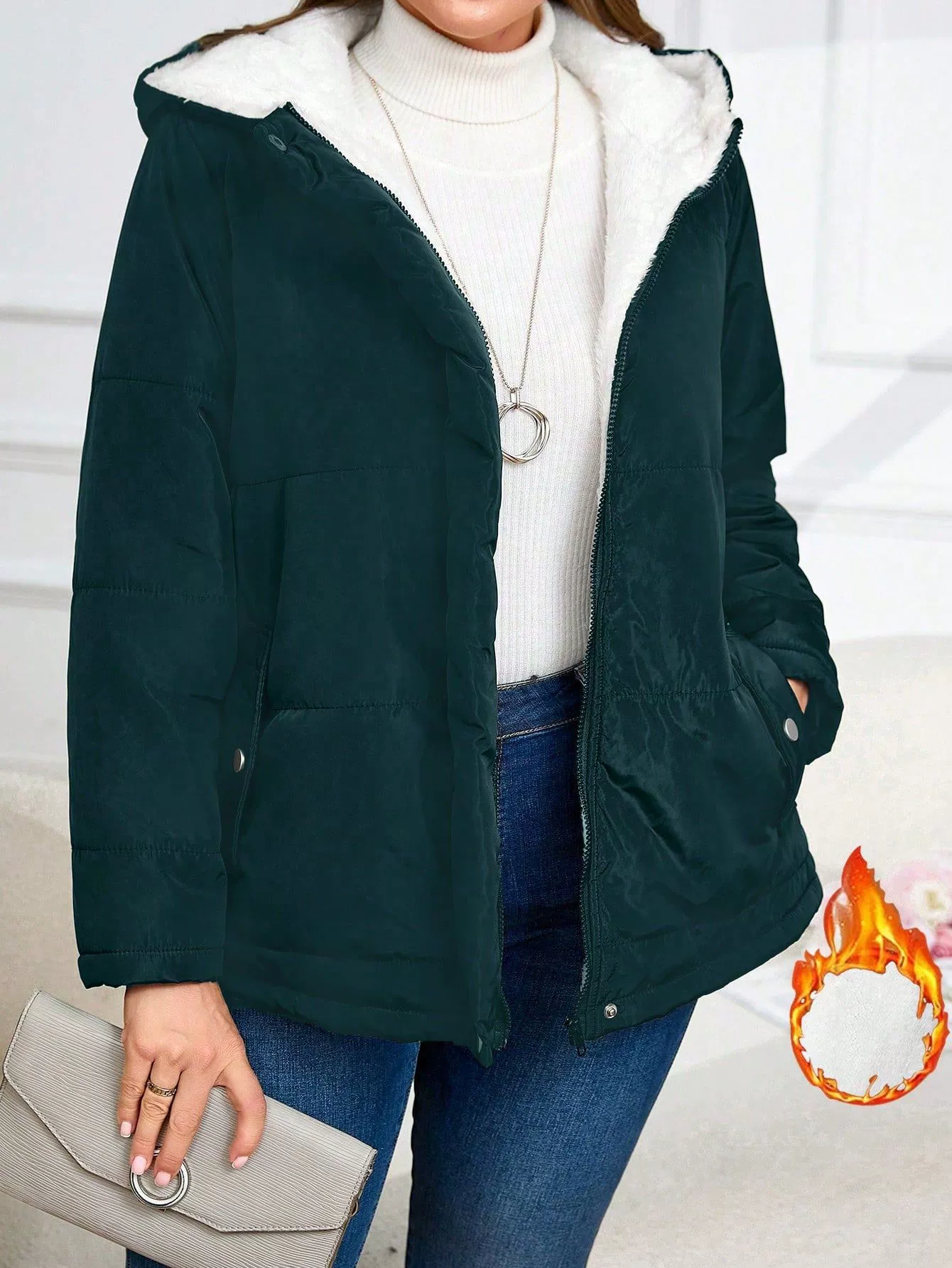 Winter down jacket with pockets with hood with zipper, plus size, increased thickness
