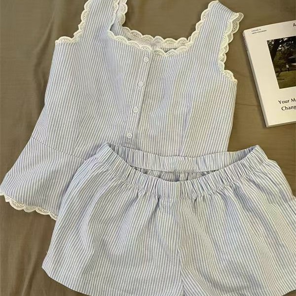 おしゃれなシンプルスタイルのストライプパジャマ、女性用夏用サスペンダーショーツ、ホームウェアとしても着用可能、ツーピース美少女スーツ