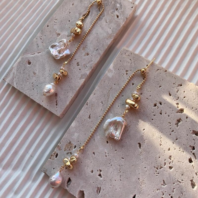 Baojing Original Silk Natural Baroque Pearl Long Tassel Niche Design Elegant Light Luxury Style Earrings